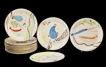 A set of eighteen Stig Lindberg creamware plates 'Löja', Gustavsberg 1948-62.