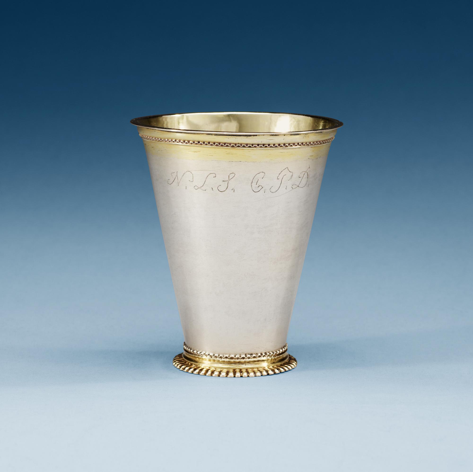 A Swedish parcel gilt beaker, makers mark of Petter Klerck, Malmö 1722.