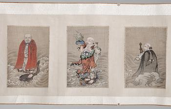 A scroll with 18 paintings representing the 18 Lohans, Qing dynasty, anonymous artist.