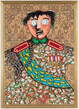 ENRICO BAJ, mixed media and collage on fabric and lithograph.