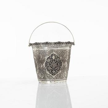 A Persian silver bowl and a silver bucket, 20th century.