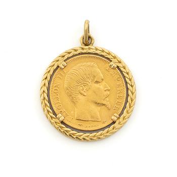 Gold coin, France, Napoleon III, 20 Francs, 1858, set in an 18-carat gold surround.