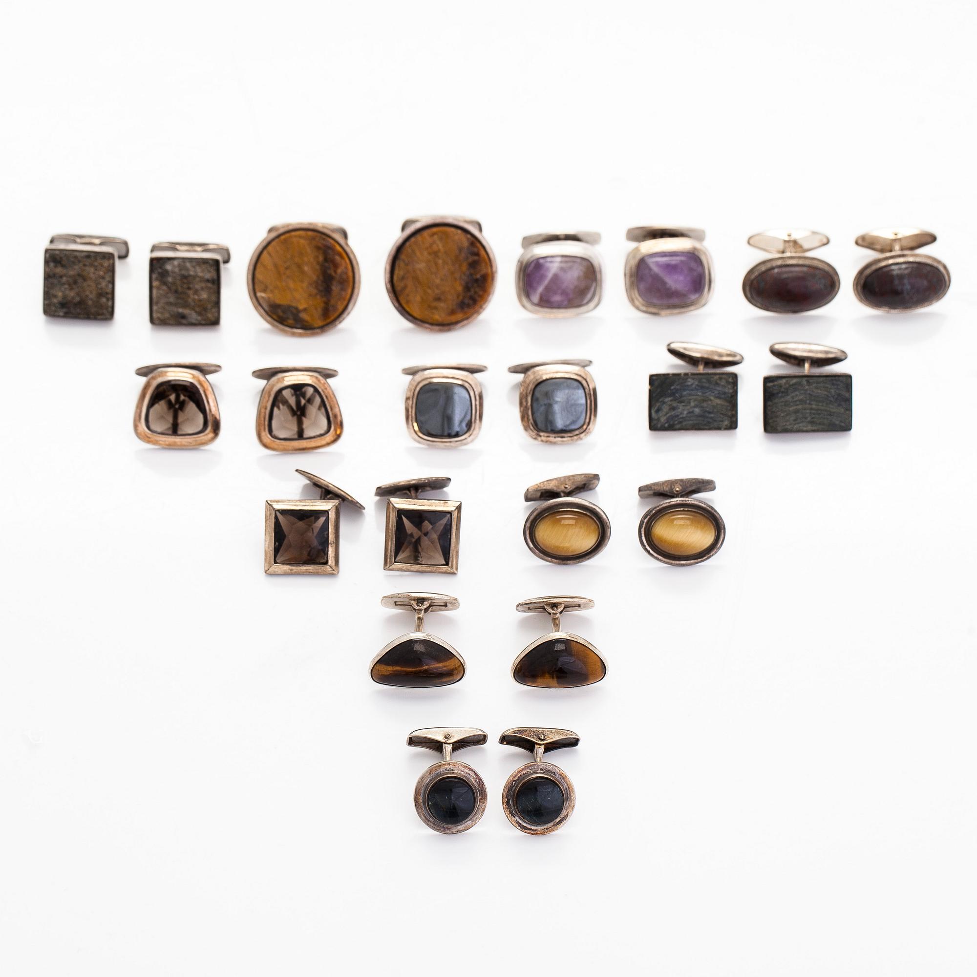 Cufflinks, 11 pairs, silver and natural stones, Finland and Sweden.
