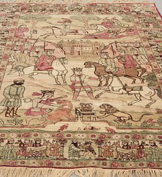 A RUG, an antique Kerman Laver figural, ca 212,5 x 141,5 cm.