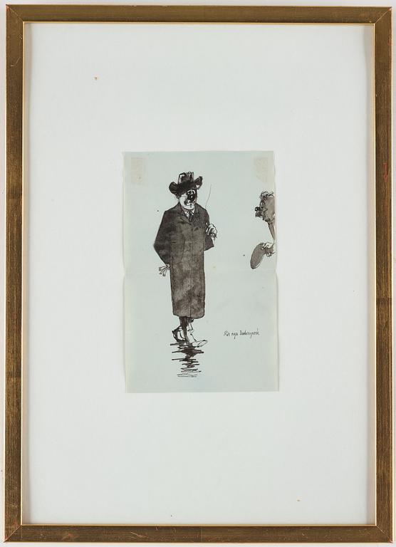 AXEL FRIDELL, tuschlavering, osignerad. "Min nya Burberryrock". Trol. utförd i december 1933.