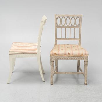Six Gustavian chairs, different models, from Lindome, Sweden, around 1800.