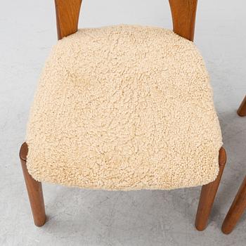 Niels Koefoed, six teak dining chairs upholstered in new sheep skin, Denmark, 1960's.