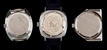 ARMBANDSUR, 3 st, stål, Tenor-Dorly, Sutton och Basis Hunter, 1970-tal.