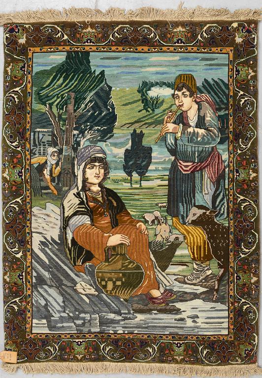 A rug, Old Tabriz, figural ca 128,5 x 96,5 cm.