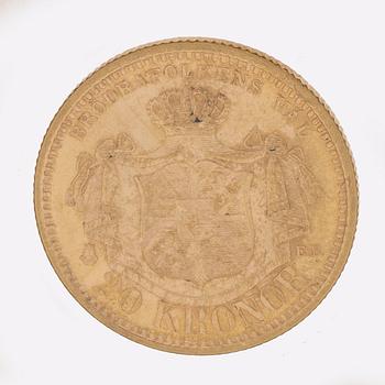 A gold coin, 20 swedish kronor, 1899, weight c 9 g.