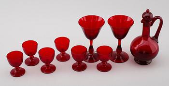 SERVISGLAS, 9 delar, rött glas, Monica Bratt, Reijmyre, 1900-talets mitt.