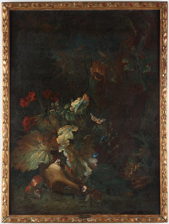 Abraham Jansz. Begeyn Attributed to, A flower piece with poppy, cornflower, butterfly and a snake.