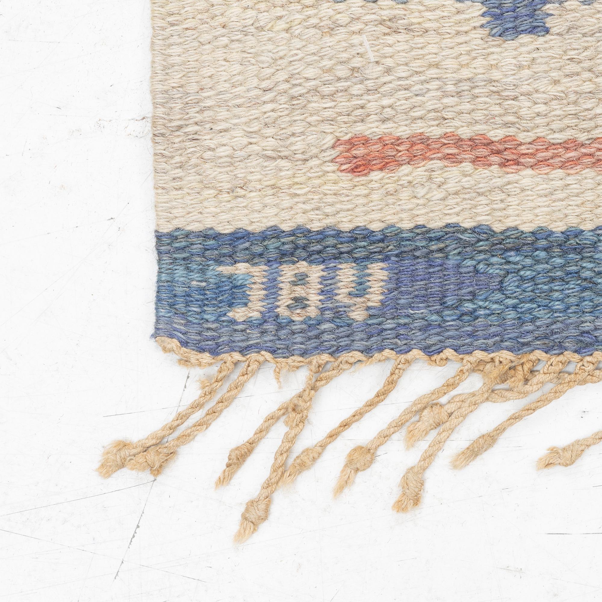 A carpet, flat weave, ca 201 x 141 cm, signed JBV (Johanna Brunssons Vävskola).