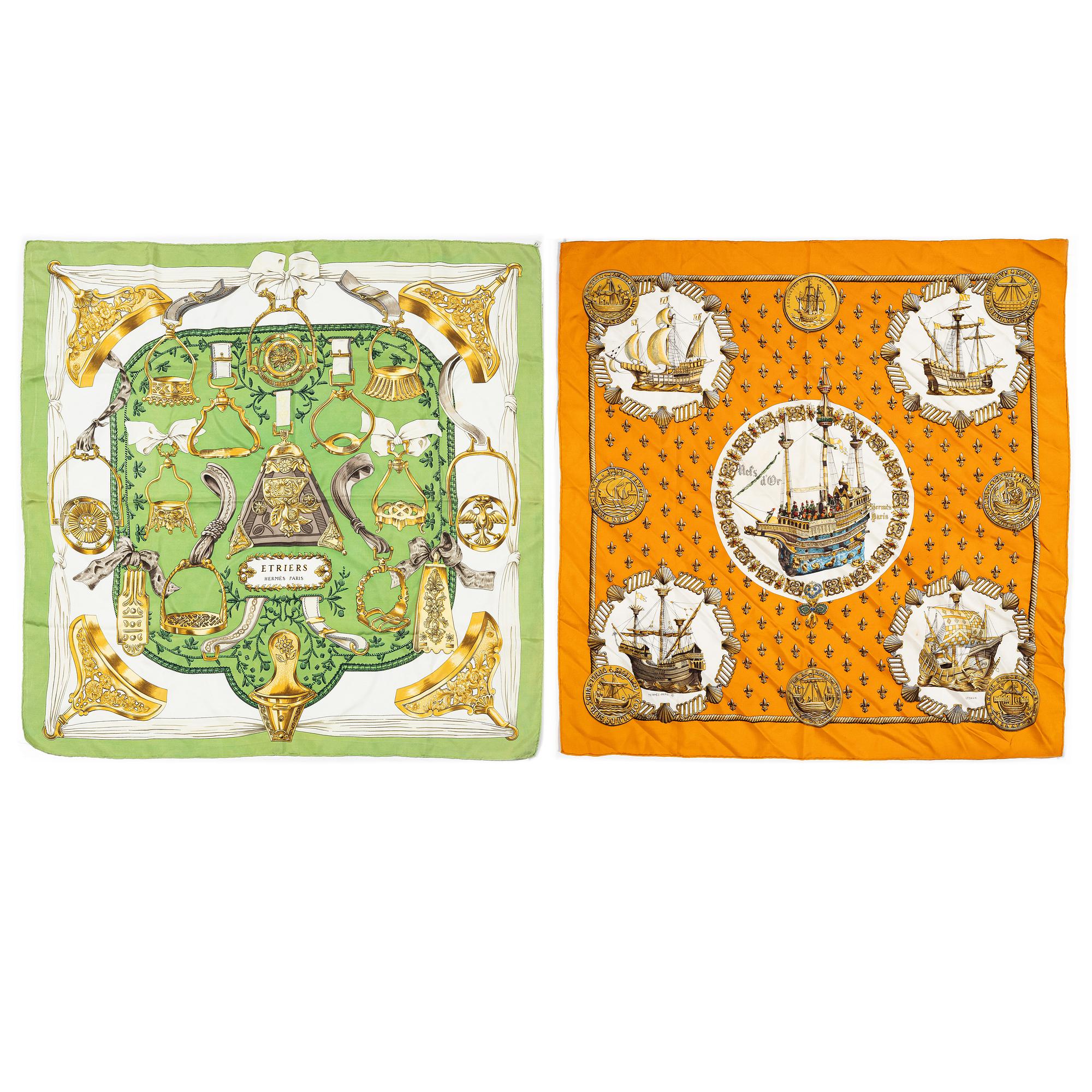 Hermès, two scarves "Nefs d'Or" and "Etriers".