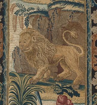 EMBROIDERY. Cross stitches and petit point. 267,5 x 162,5 cm. Probably England, around 1700.