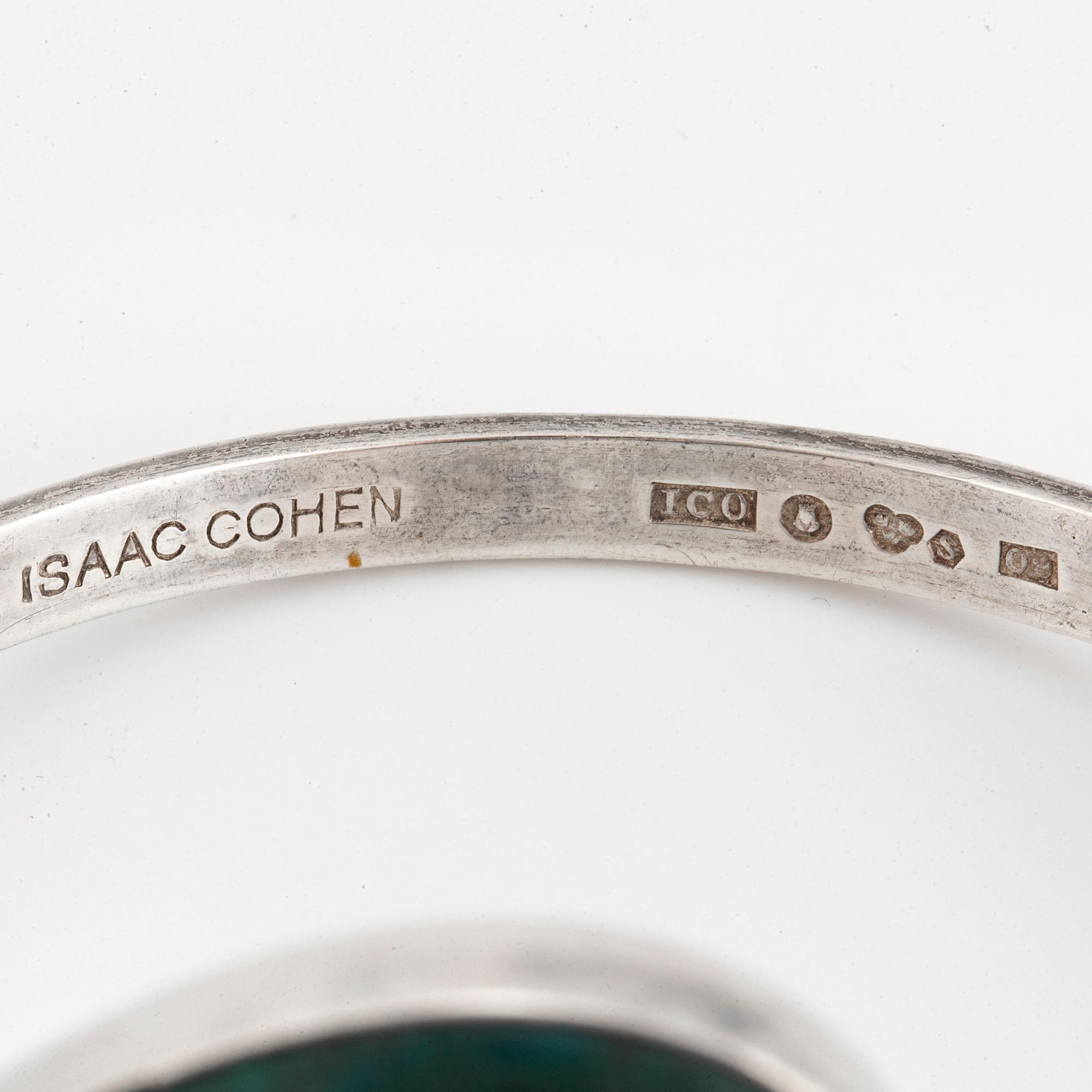 Isaac Cohen silver bangle with green stone.