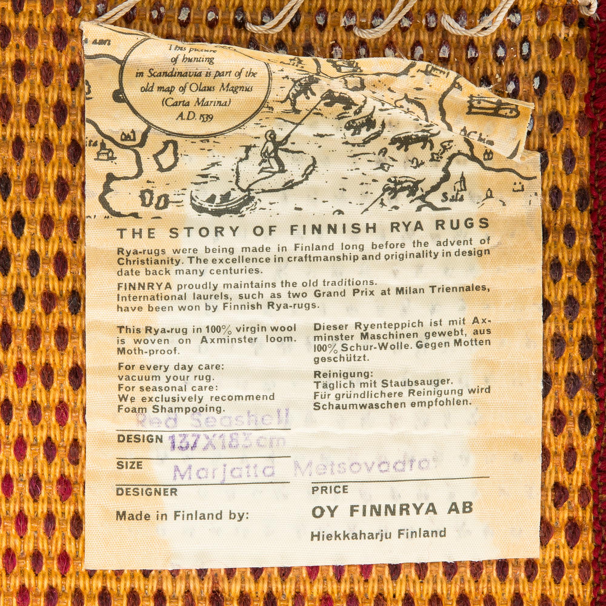 Marjatta Metsovaara, ryijymatto, Oy Finnrya Ab. Noin 185 x 135 cm.