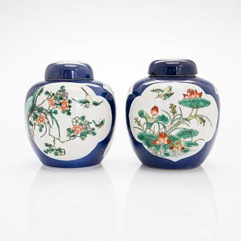 A pair of famille verte jars with covers, China mid 20th century.