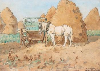 144. Nils Kreuger, " 'Hvit häst o halmstackar', från La Rue nära Paris" (White horse and hay stacks, scene from La Rue near Paris).