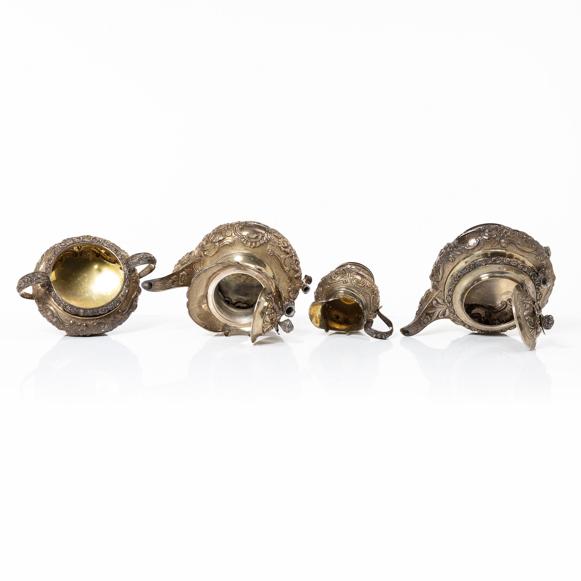 Kaffe- och teservis, 4 delar, silver, London, England 1828-29, Joseph Craddock resp Josiah Barnett.