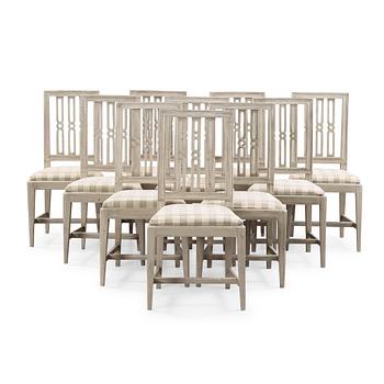 1211. Ten Gustavian late 18th century chairs.