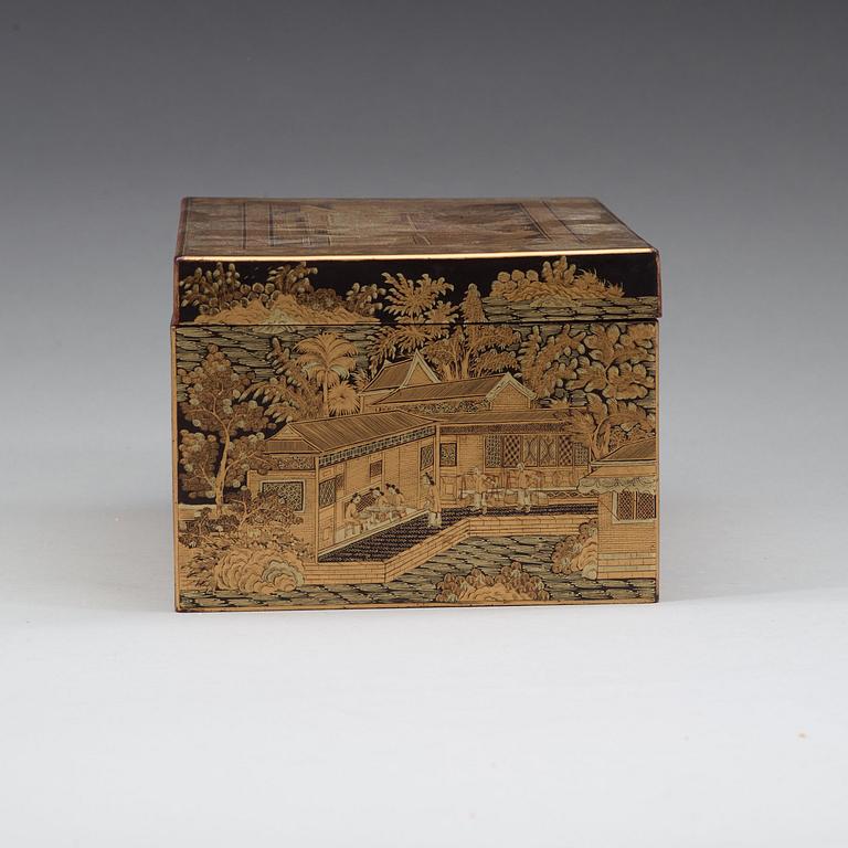 A Canton black lacquer box with cover, Qing dynasty, 19th Century.