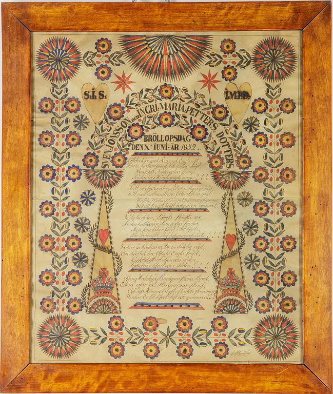 A set of three folk art commemorative paintings, 19th century.