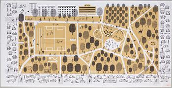 TEXTILTRYCK, efter illustration av Klas Fahlén till Sven Harrys Restaurang i Vasaparken, omkring år 2010.