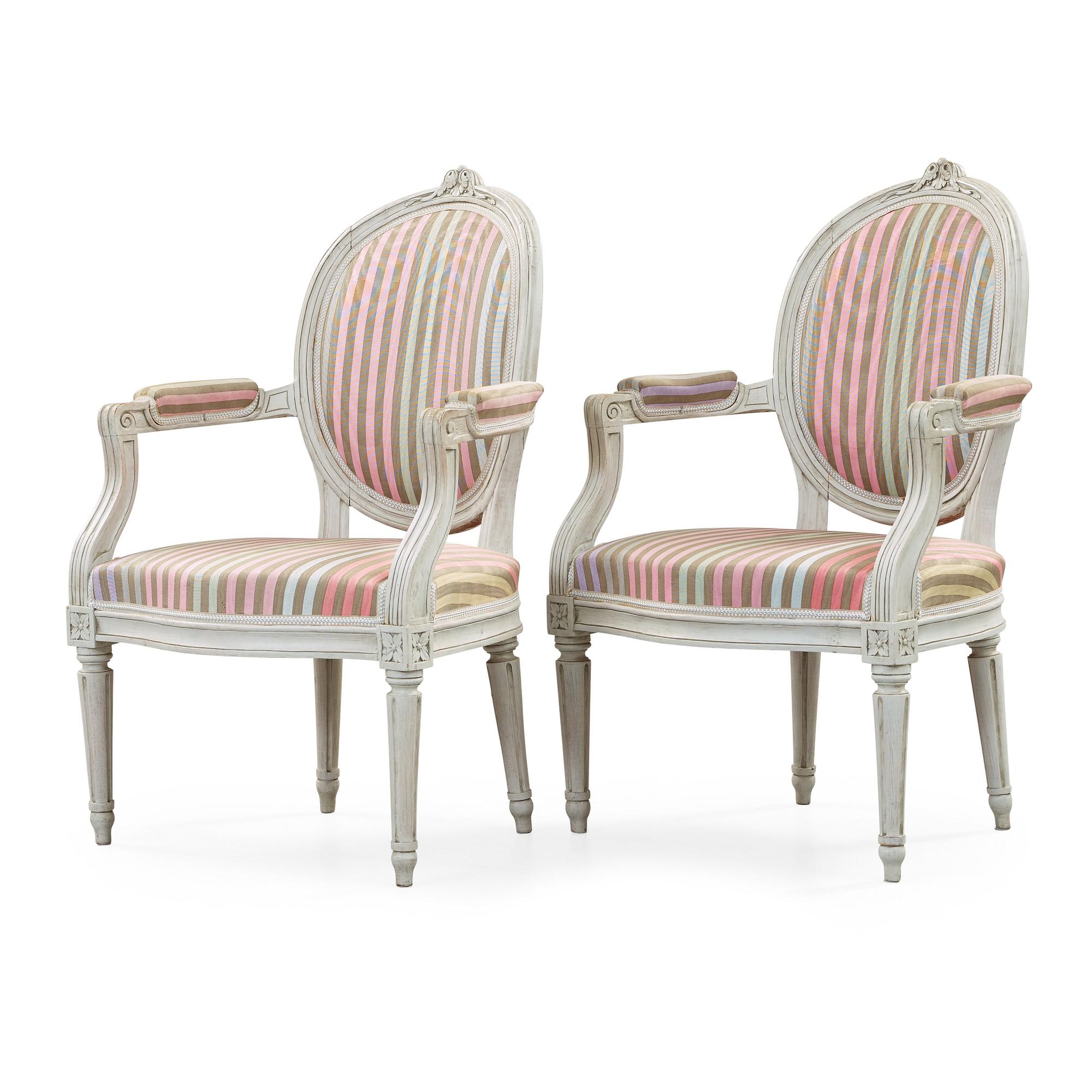 A pair of Gustavian late 18th century armchairs by Erik Öhrmark, master 1777.