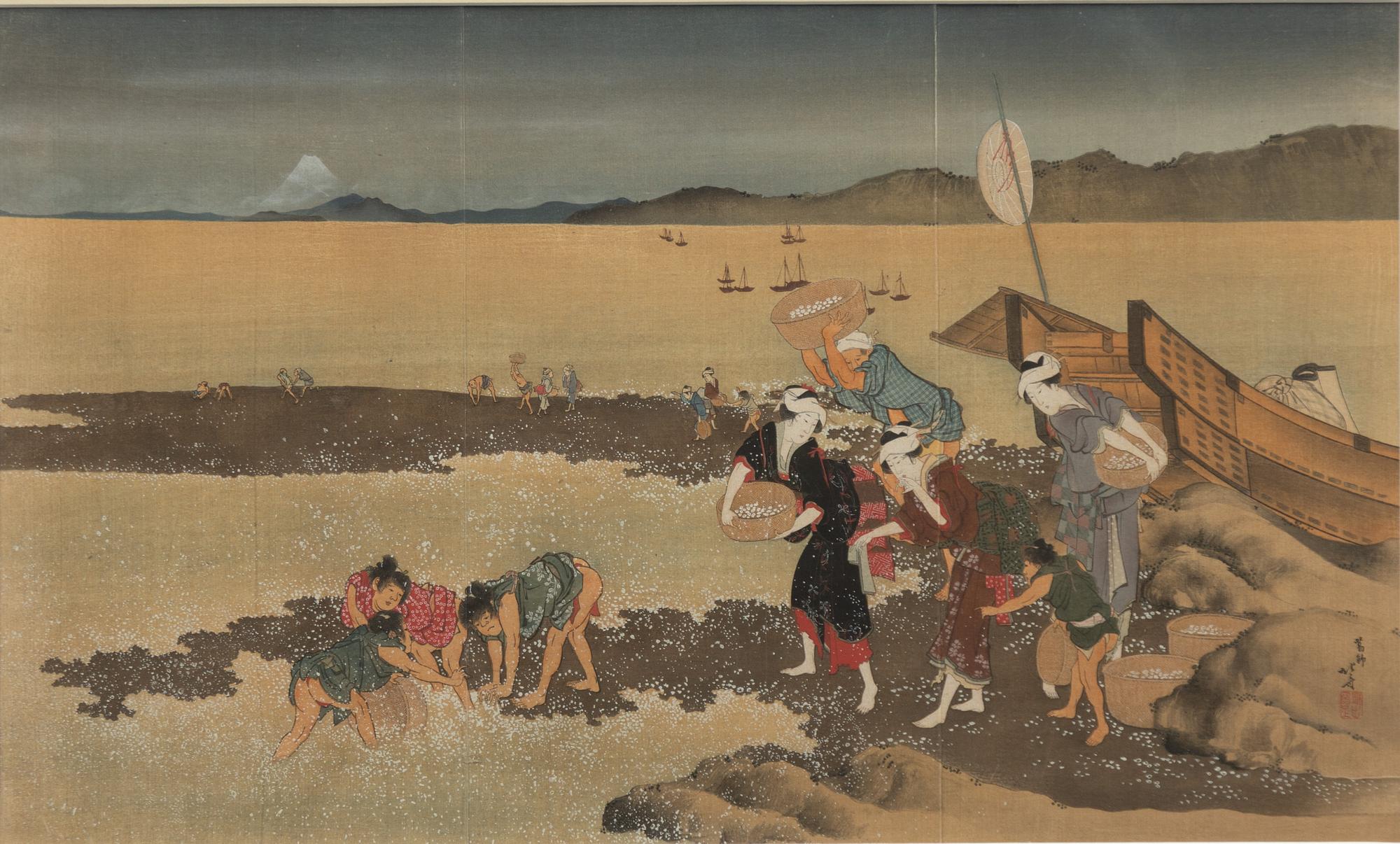 Katsushika Hokusai, efter, färgträsnitt på textil, "Shell Gathering", Japan, 1900-tal.