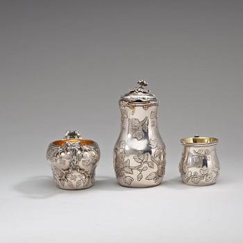 A Swedish 19th century parcel-gilt four piece coffée-set, makers mark of Gustaf Möllenborg, Stockholm 1849.
