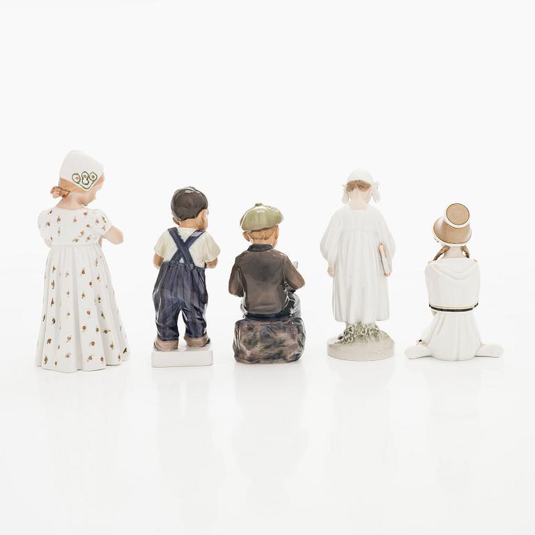 Figuriineja, Bing & Grøndahl, Dahl Jensen ja Royal Copenhagen, 5 kpl, posliinia.