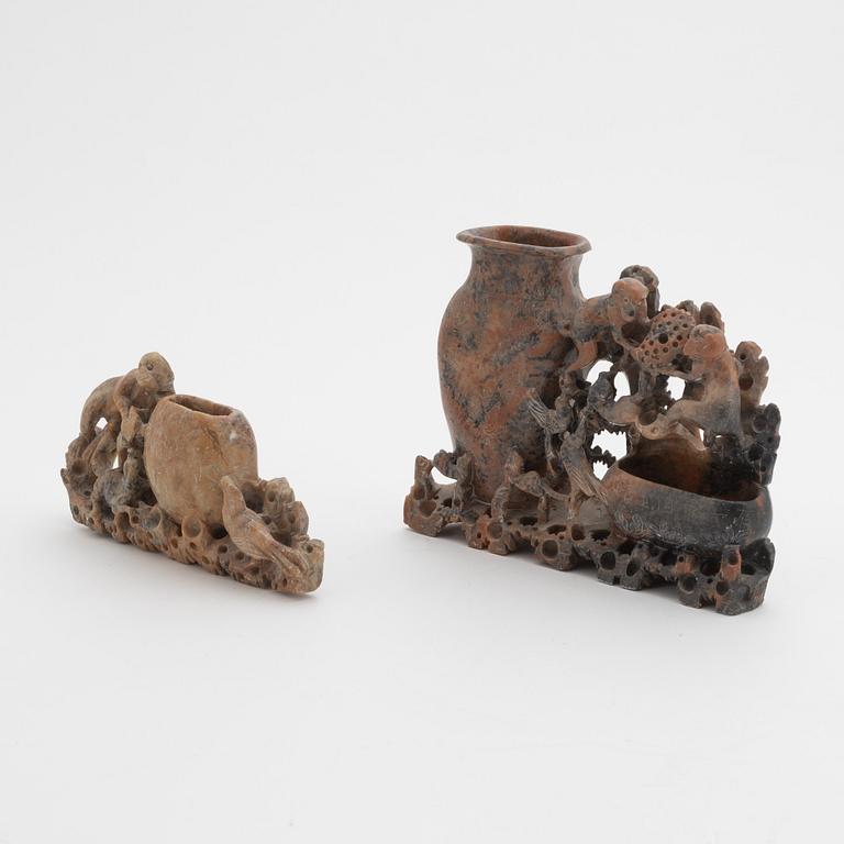 A Chinese carved soapstone brushpot and brush washer/ink well, 20th Century.