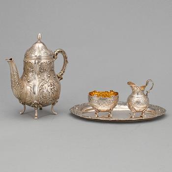 KAFFESERVIS, 4 delar, silver, rokokostil, bla Tyskland, svenska importstämplar. Tot ca 570 gram.