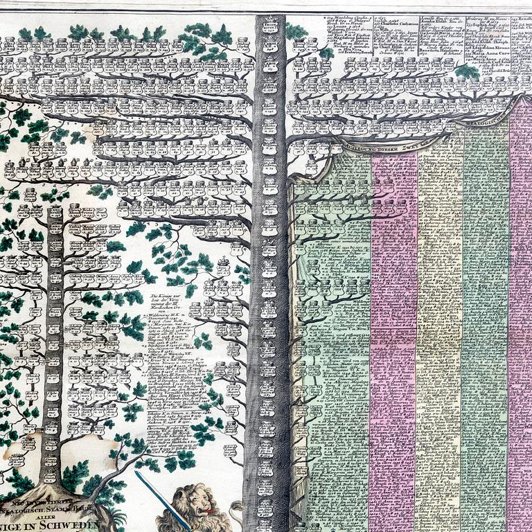 Mattias Seutter, family tree of Sweden's royalty and regents, hand colored copper engraving, Augsburg c 1730s-40s.