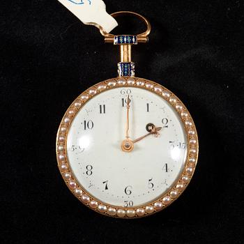 FICKUR, guld, emalj, pärlor samt pastestenar, märkt: "Breguet, Paris", sannolikt 1700-talets slut.