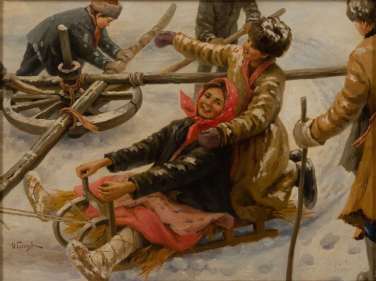 FEDOT VASILIEVICH SYCHKOV, CHILDREN PLAYING WITH A SLEIGH.