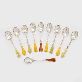 A ten-piece set of enamelled sterling silver coffee spoons, Auran Kultaseppä, Turku 1982.