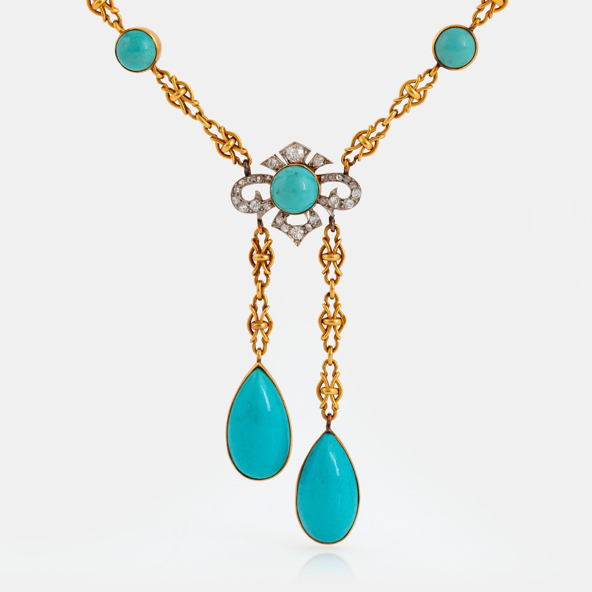 Collier 18K guld och platina med turkoser samt gammal- och rosenslipade diamanter.