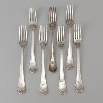 Seven Swedish Empire silver table forks by Johan Petter Grönvall in Stockholm 1828.