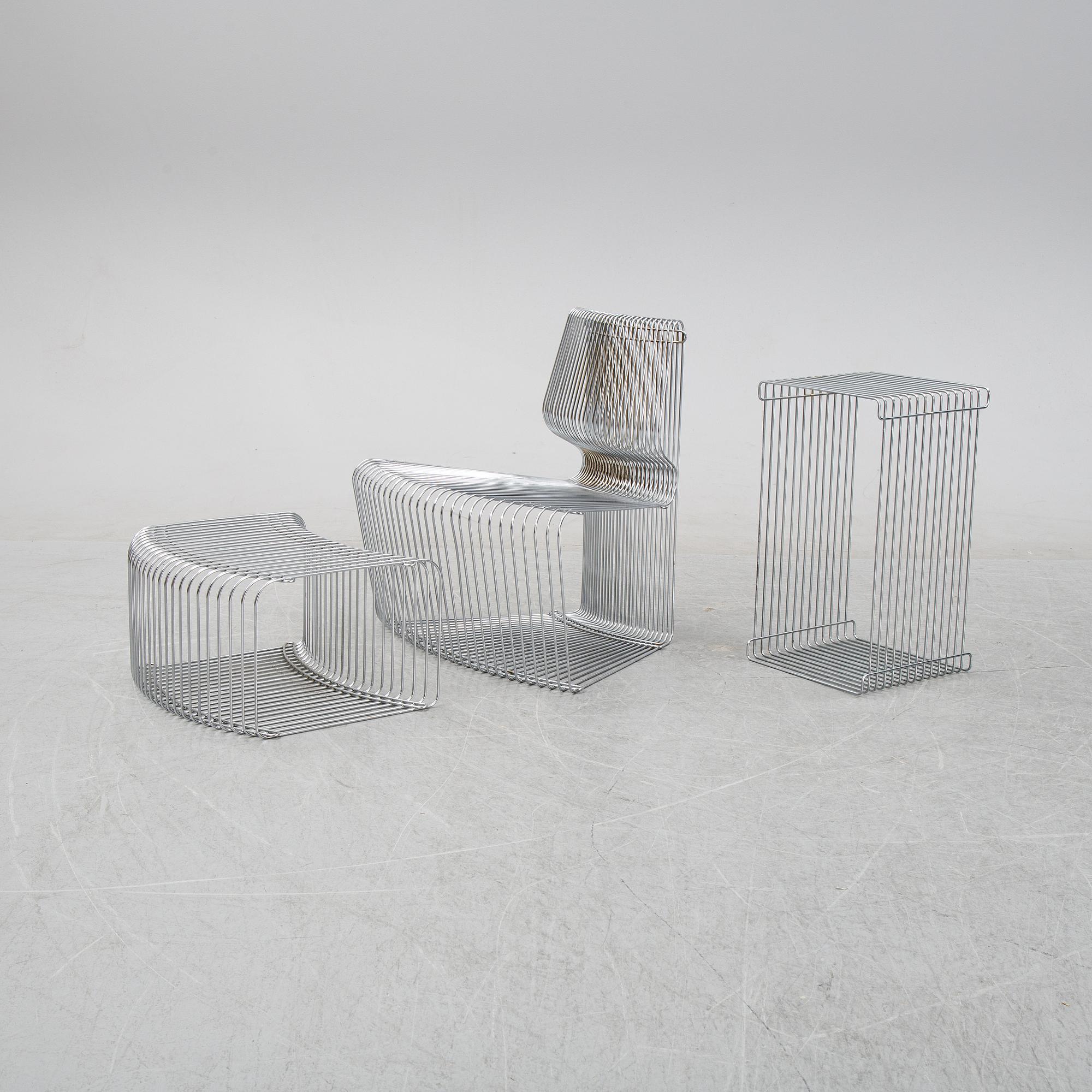 A 'Pantanova convex' chair with foot stool and a 'Wire Extendted' shelf, Verner Panton, Montana, Denmark.