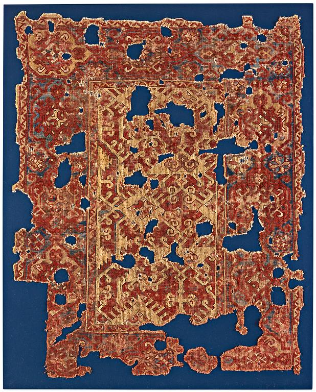 Mattfragment, antik, Västanatolisk "Lotto", 1600-tal, ca 142 x 115 cm (inklusive ram 155 x 124 cm).