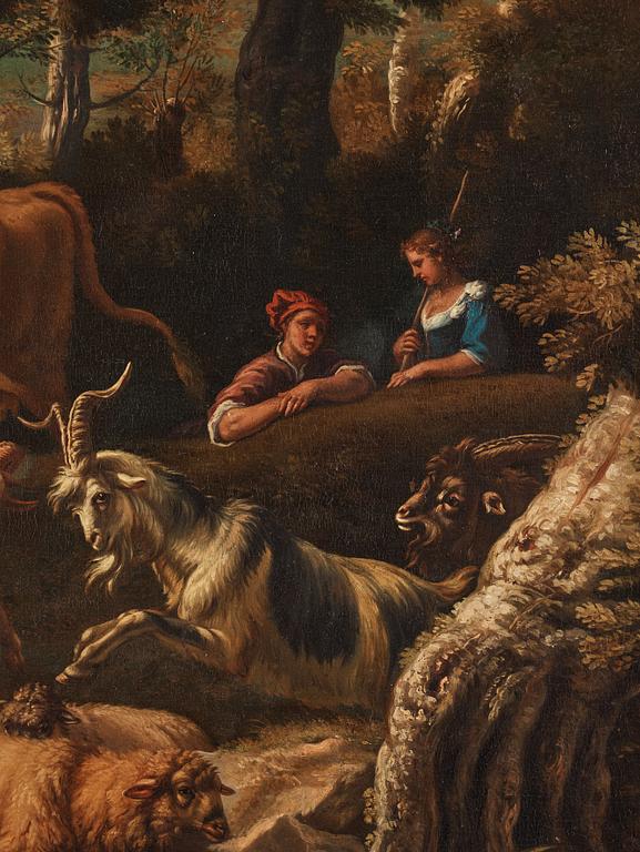 Pieter Mulier II, kallad Cavaliere Tempesta Tillskriven, Pastoralt landskap med herde, herdinna och boskap.
