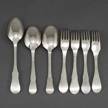 Three Swedish silver spoons and four (3+1) silver forks, marked Johan Wilhelm Zimmerman,  Stockholm 1796.