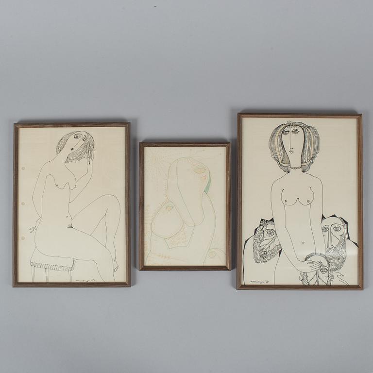 VADIM SIDUR, a set of 7 felt pen/ink drawings, signed and dated -70,  -74. -75, 78, -80.