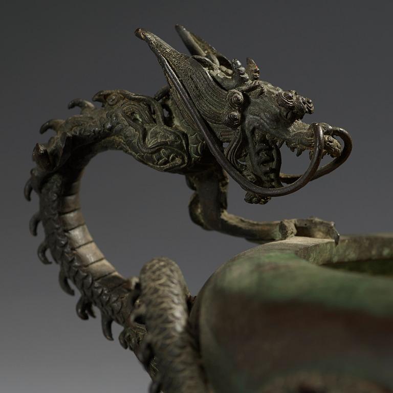 A Japanese bronze censer with dragon handles, Meiji (1868-1912).