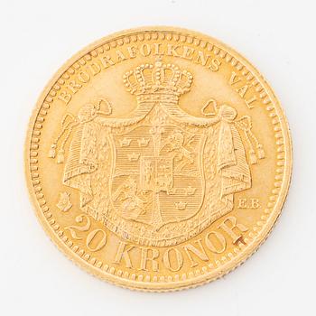 Gold coin, Oscar II 20 kronor, type III, Sweden 1889.