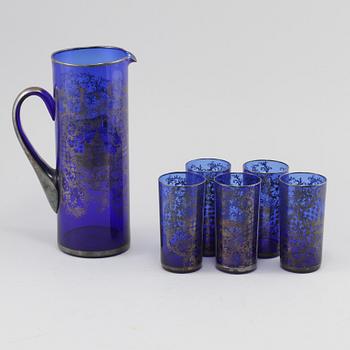 KARAFF SAMT GLAS, 5 st, glas, sannolikt Italien, 1900-tal.