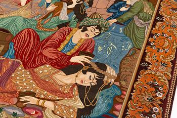 Rug, Tabriz, figural, signed, approx. 285 x 196 cm.