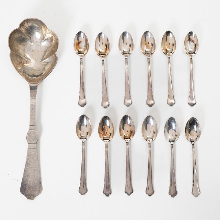 Twelve coffee spoons, as well as a serving spoon, silver, including with mark of Befwes Juvelerareaffär, Stockholm 1922.